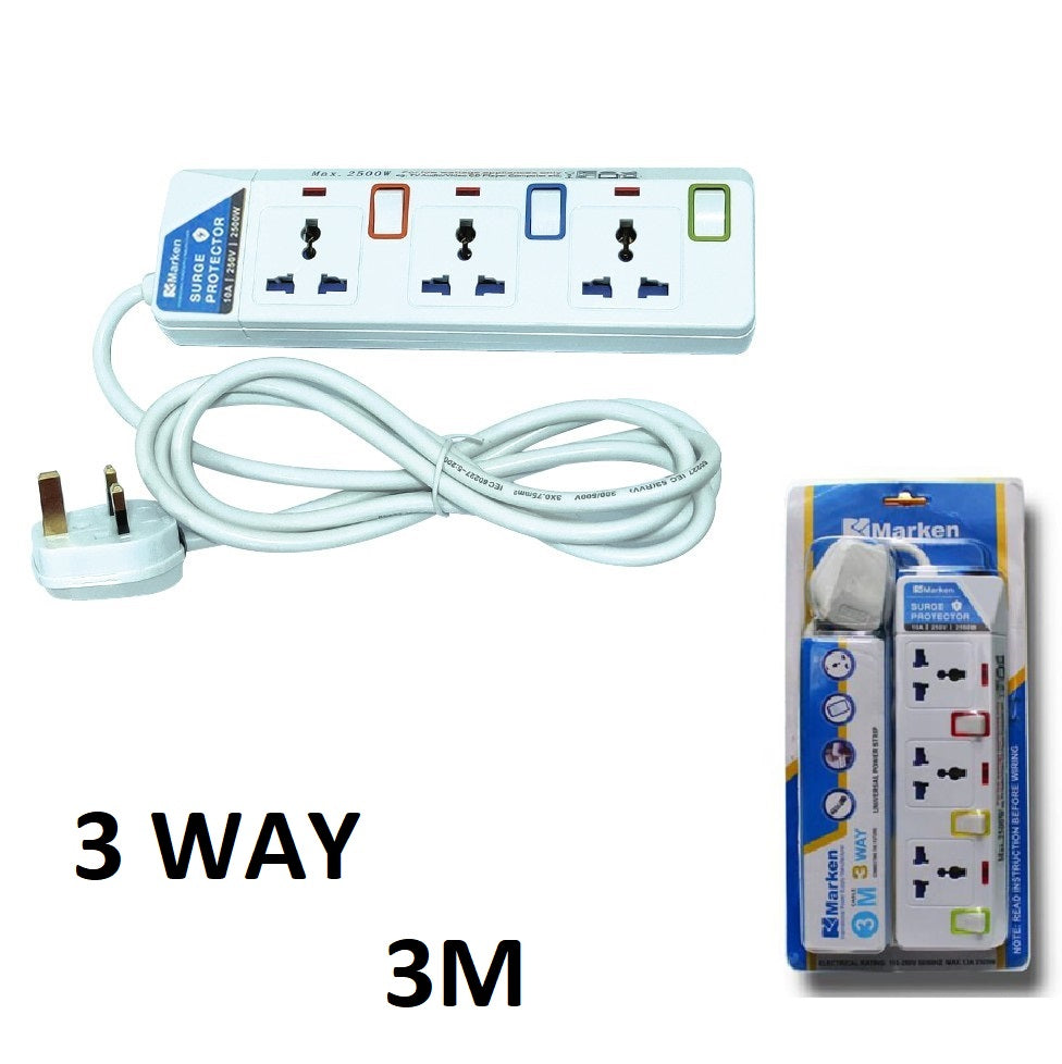 2500W Power Strip with 3m Cable β 4 Way Sockets Surge Protector Extension Cord with AC Plug (Wirecode)
