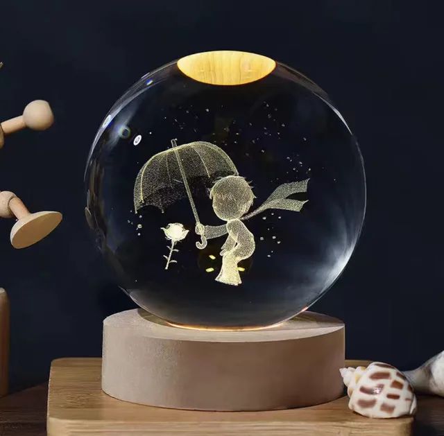 Mini 3D Crystal Ball LED Night Lamp | Small Decorative Light with Engraved Design for Bedroom or Gifts