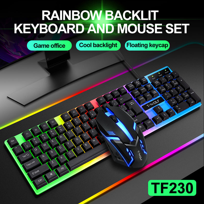 T Wolf TF 230 Gaming Keyboard Keyboard Mouse Combo Pack Clavier Souris Gaming 104keys LED Backlit 3D rainbow Combos for Laptop Pc