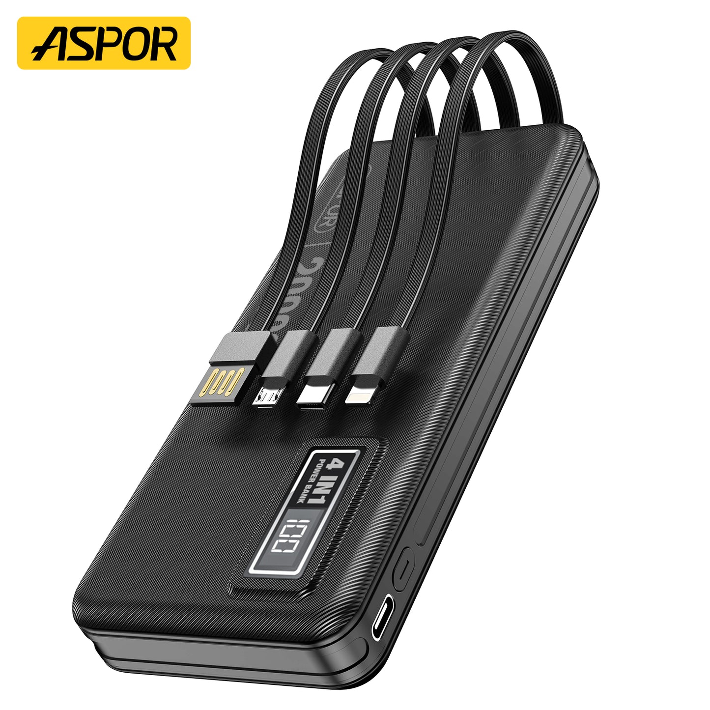 Aspor A301 20000mAh Power Bank with Built-in 4 Cables LED Digital Display