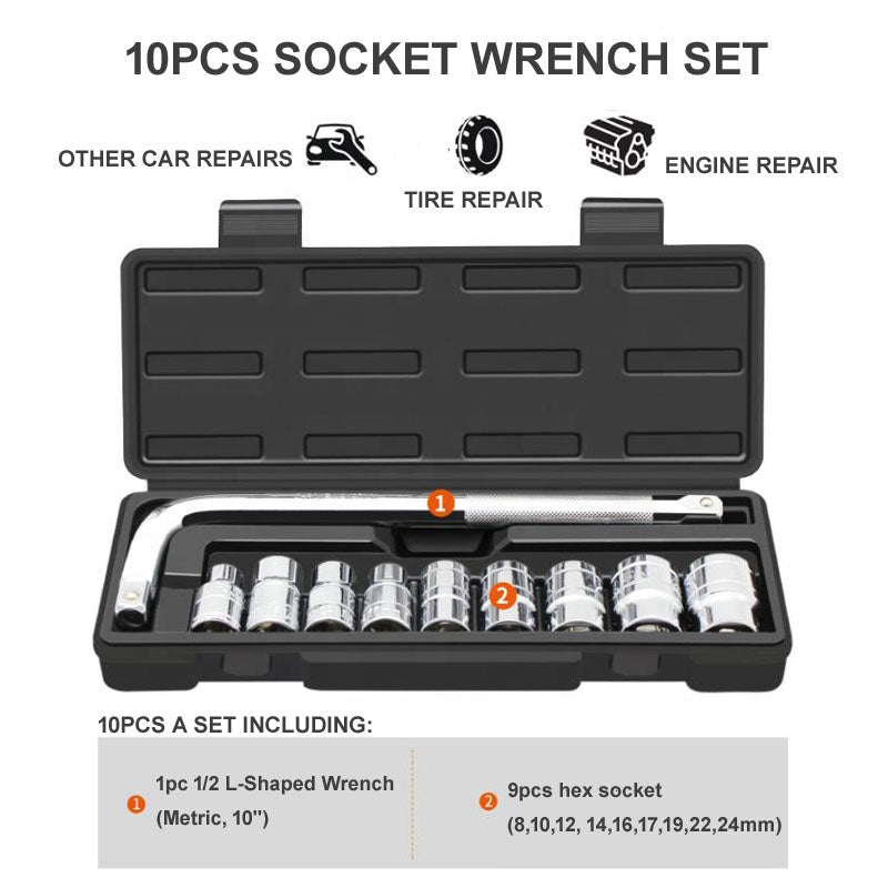 10pcs 1/2" Socket Wrench Set – Hexagon Combination Auto Maintenance Tool Kit with Screwdriver & Sockets