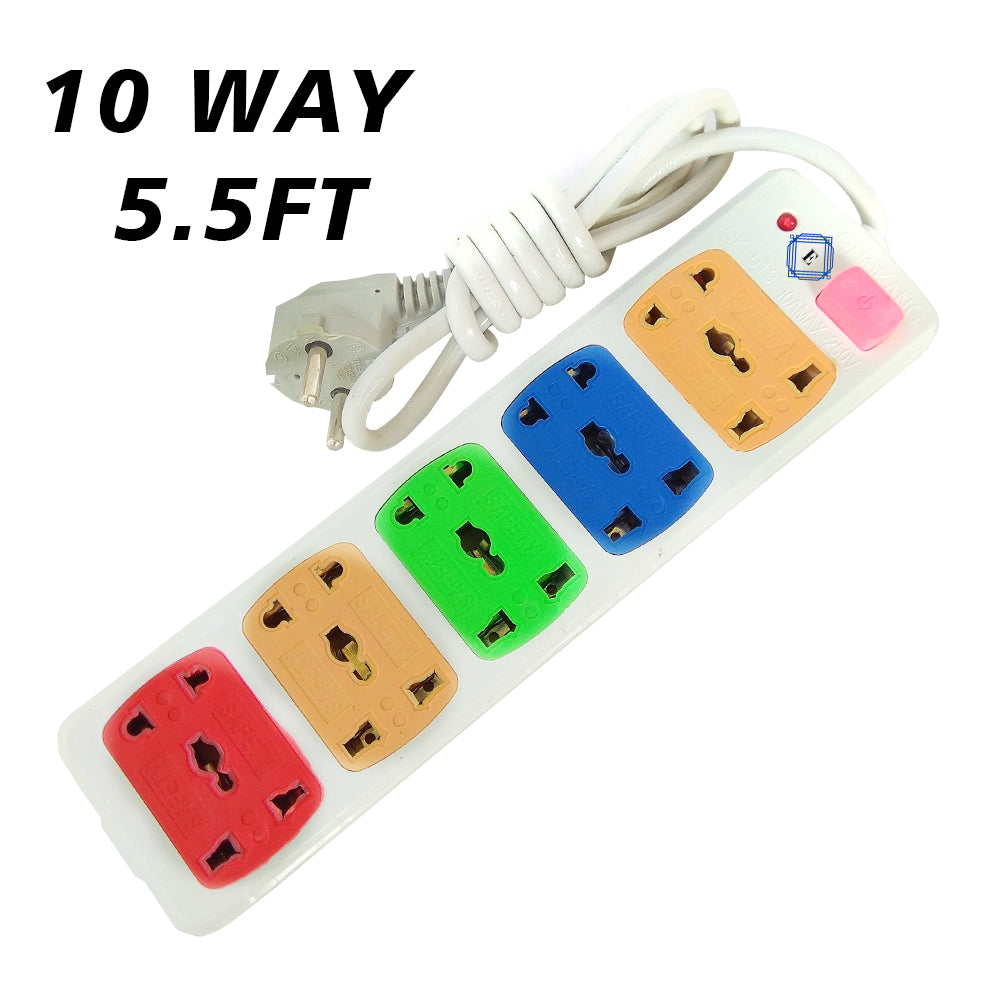 10 Socket Power Strip with 5.5 Feet Wirecode Extension Cord AC Plug Electrical Adapter