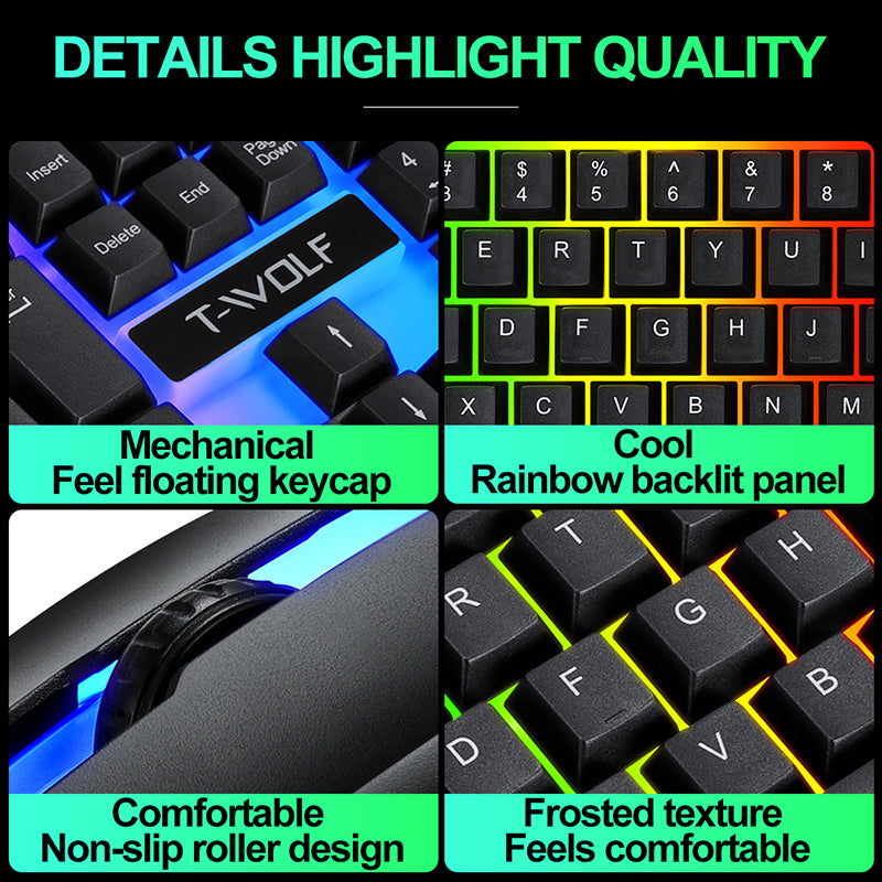 T Wolf TF 230 Gaming Keyboard Keyboard Mouse Combo Pack Clavier Souris Gaming 104keys LED Backlit 3D rainbow Combos for Laptop Pc