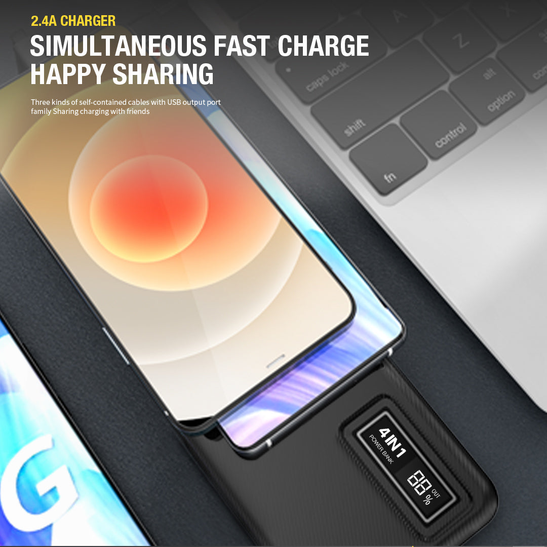 Aspor A301 20000mAh Power Bank with Built-in 4 Cables LED Digital Display