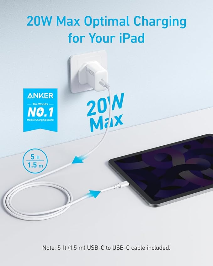 iPhone Charger, Anker USB C Plug, 20W USB C Fast Wall Charger, USB C Charger Block for 2022/2021 iPad Pro 12.9", iPad Pro 11", iPad Air 5/4, iPad 10, iPad mini 6, and More (5 ft USB-C Cable Included)