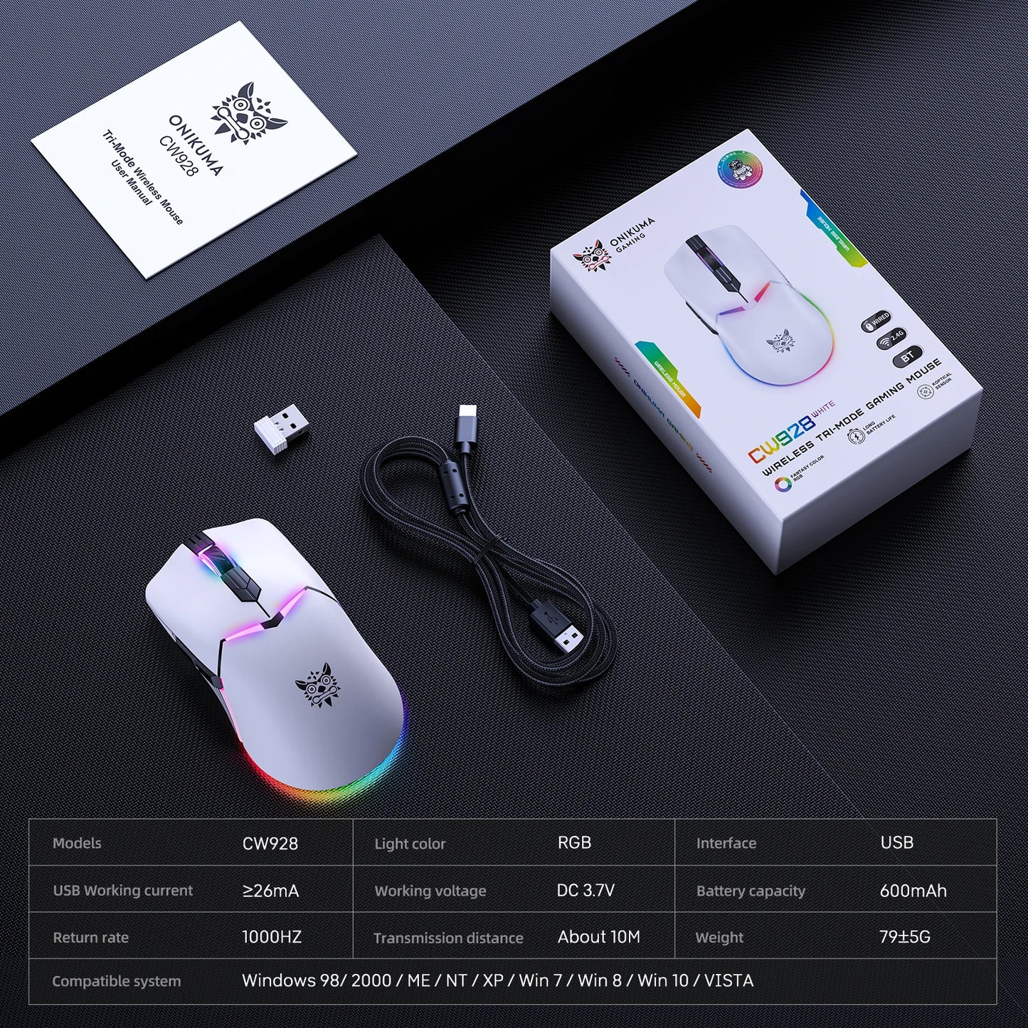 ONIKUMA CW928 Wireless Gaming Mouse 3-Mode Connectivity 12,000 DPI Lightweight Design 1 Year Warranty