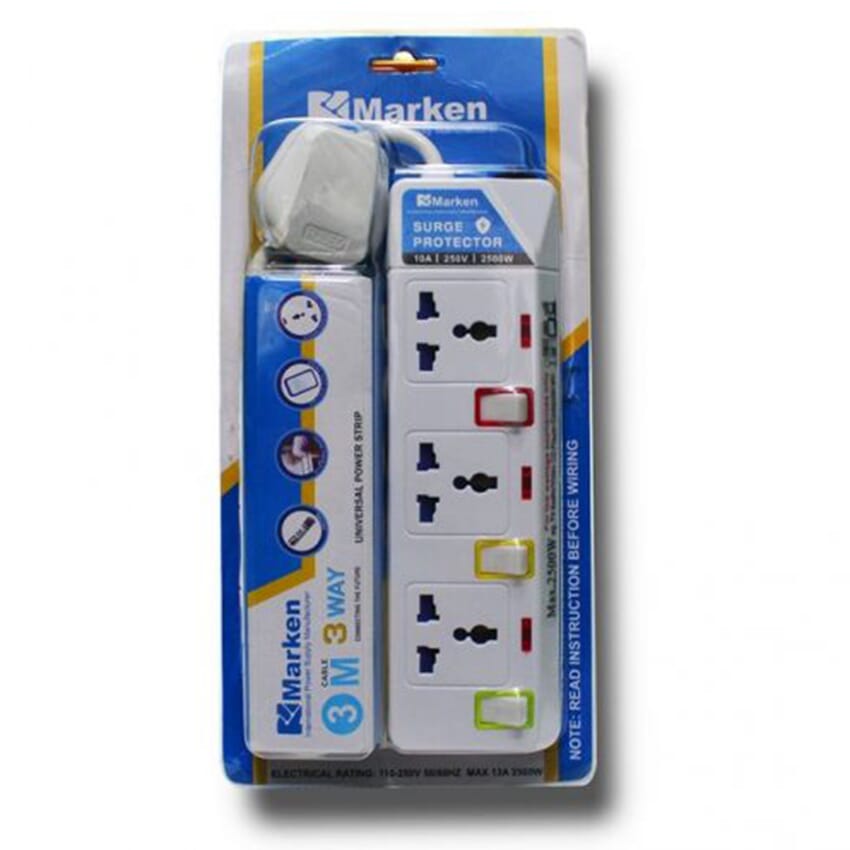 2500W Power Strip with 3m Cable β 4 Way Sockets Surge Protector Extension Cord with AC Plug (Wirecode)