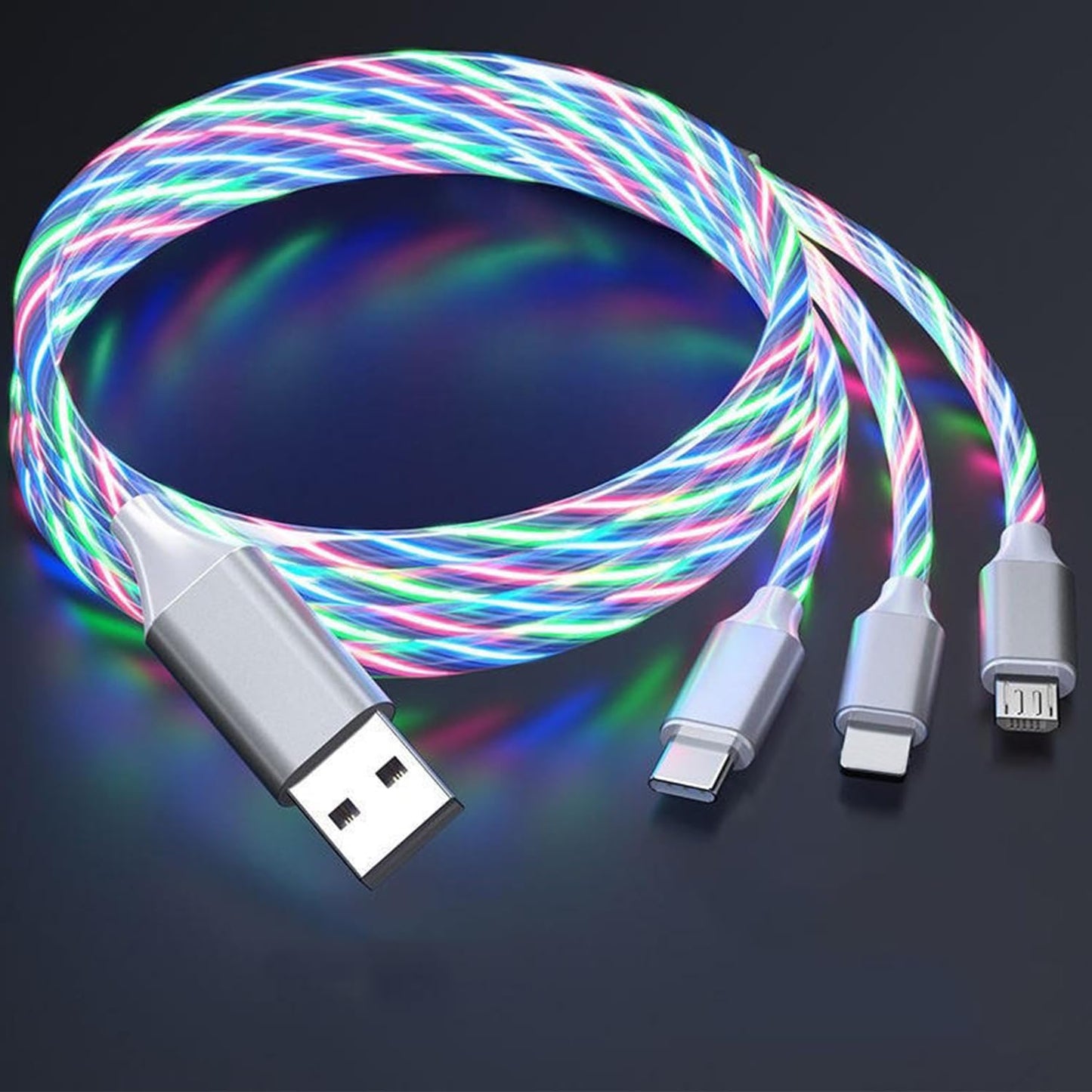 3 in 1 LED Glowing Fast Charging Cable 3A USB to Micro, Type-C & iPhone Charger