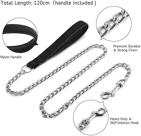 Heavy Duty Silver Metal Dog Leash Chew Proof Chain 155cm for Small and Large Bulldogs