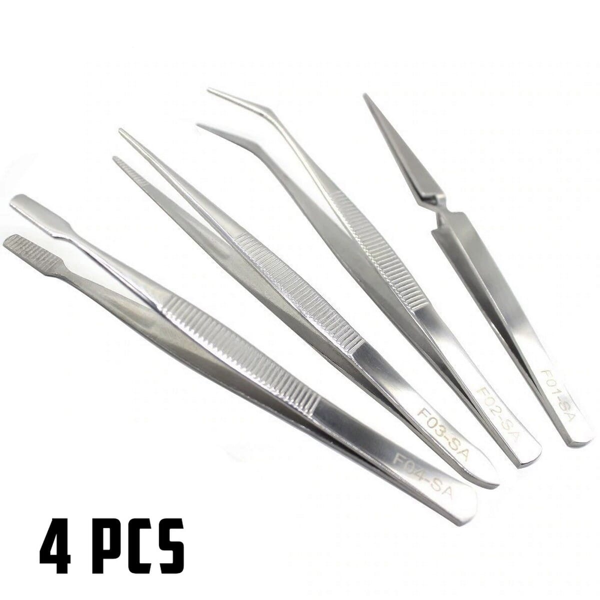 4Pcs Tweezer Set Stainless Steel Curved and Straight Precision Tools for Electronics and Nail Art