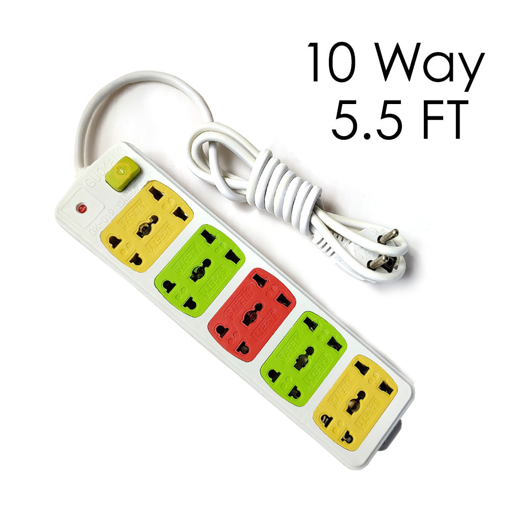 10 Socket Power Strip with 5.5 Feet Wirecode Extension Cord AC Plug Electrical Adapter