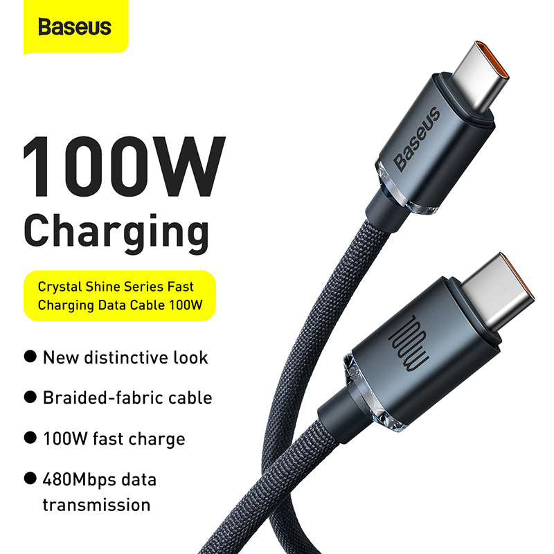 Baseus 1.2m Type-C to Type-C 100W Fast Charging Data Cable – Crystal Shine Series – Black