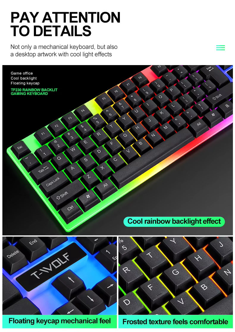 T Wolf TF 230 Gaming Keyboard Keyboard Mouse Combo Pack Clavier Souris Gaming 104keys LED Backlit 3D rainbow Combos for Laptop Pc
