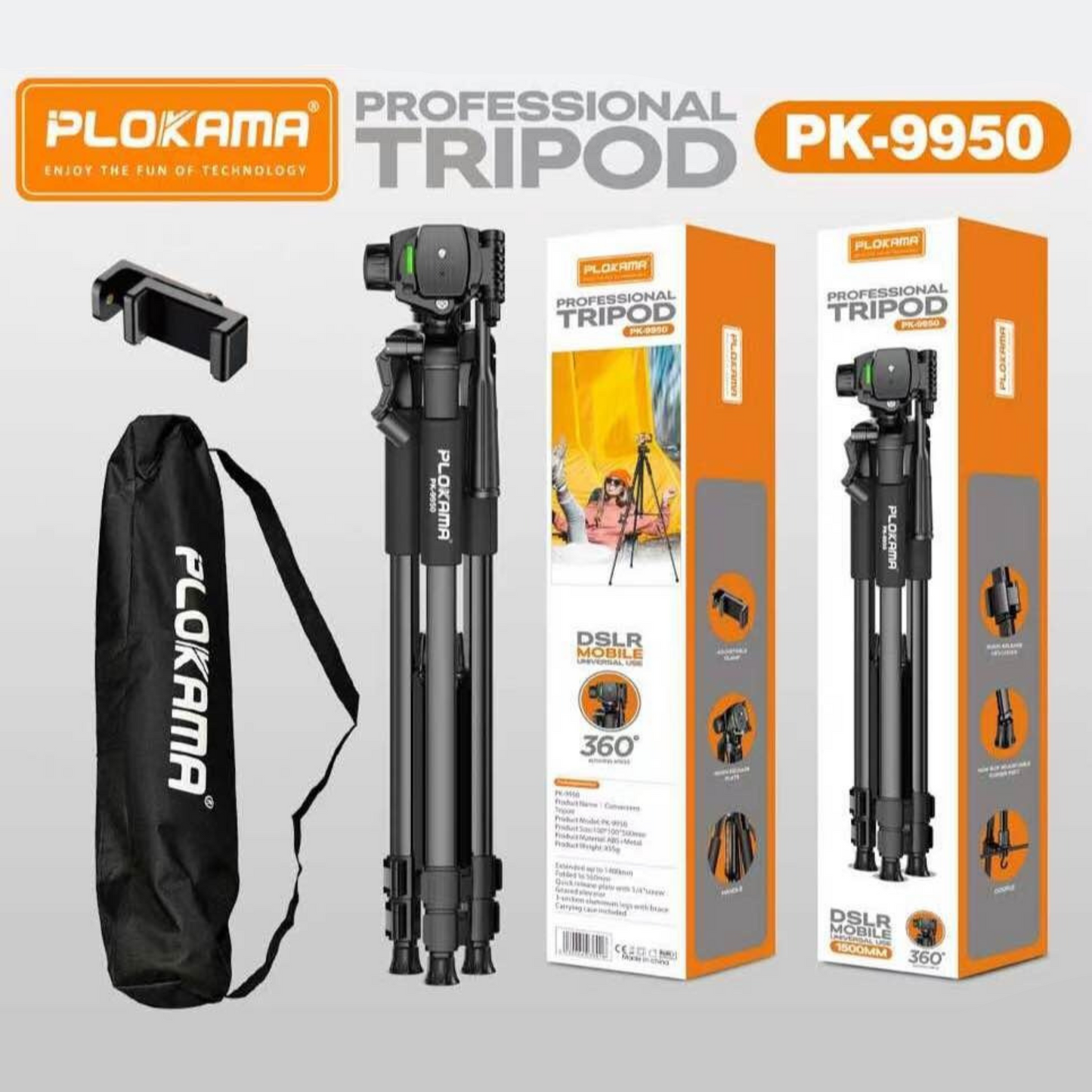 PLOKAMA PK-9950 Professional Tripod 1500mm Adjustable Stand for DSLR Camera Mobile Universal Photography