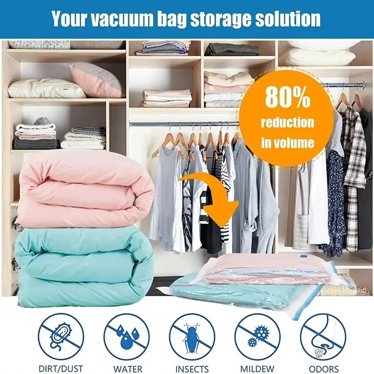 5Pcs Combo Vacuum Storage Bags with Pump for Clothes Comforters Home Packing Organizer Tracel friendly vacume bag