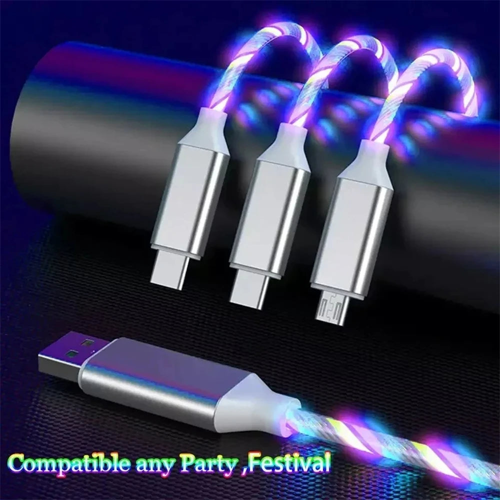 3 in 1 LED Glowing Fast Charging Cable 3A USB to Micro, Type-C & iPhone Charger