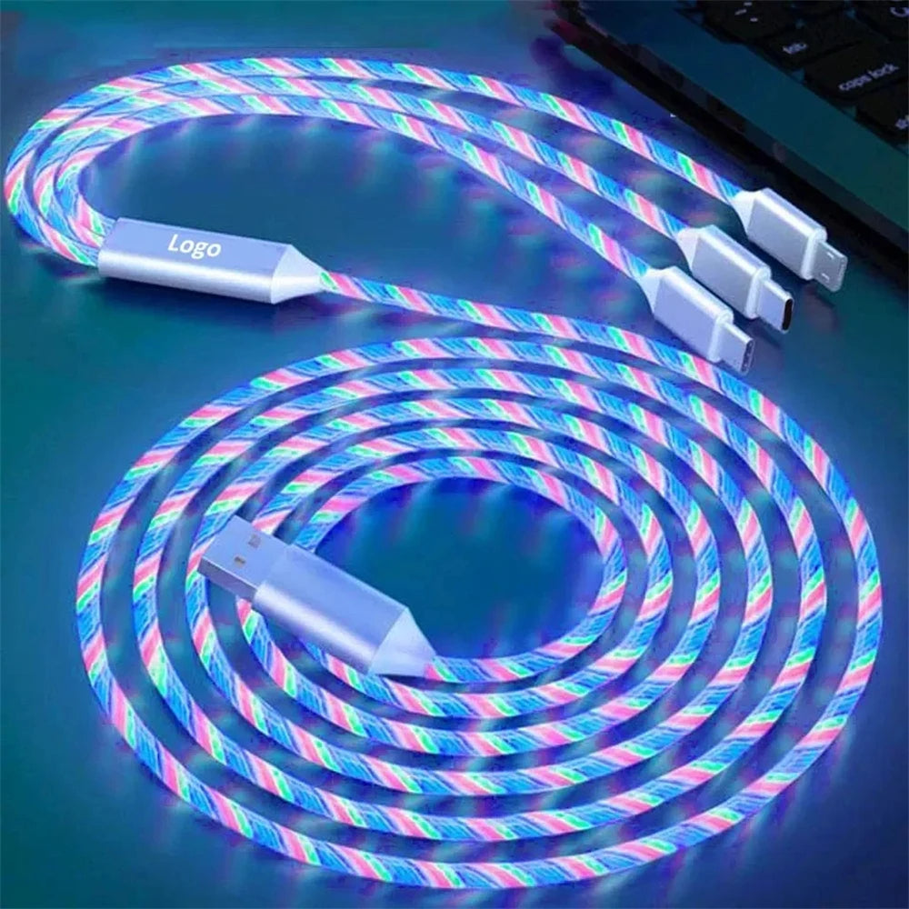 3 in 1 LED Glowing Fast Charging Cable 3A USB to Micro, Type-C & iPhone Charger