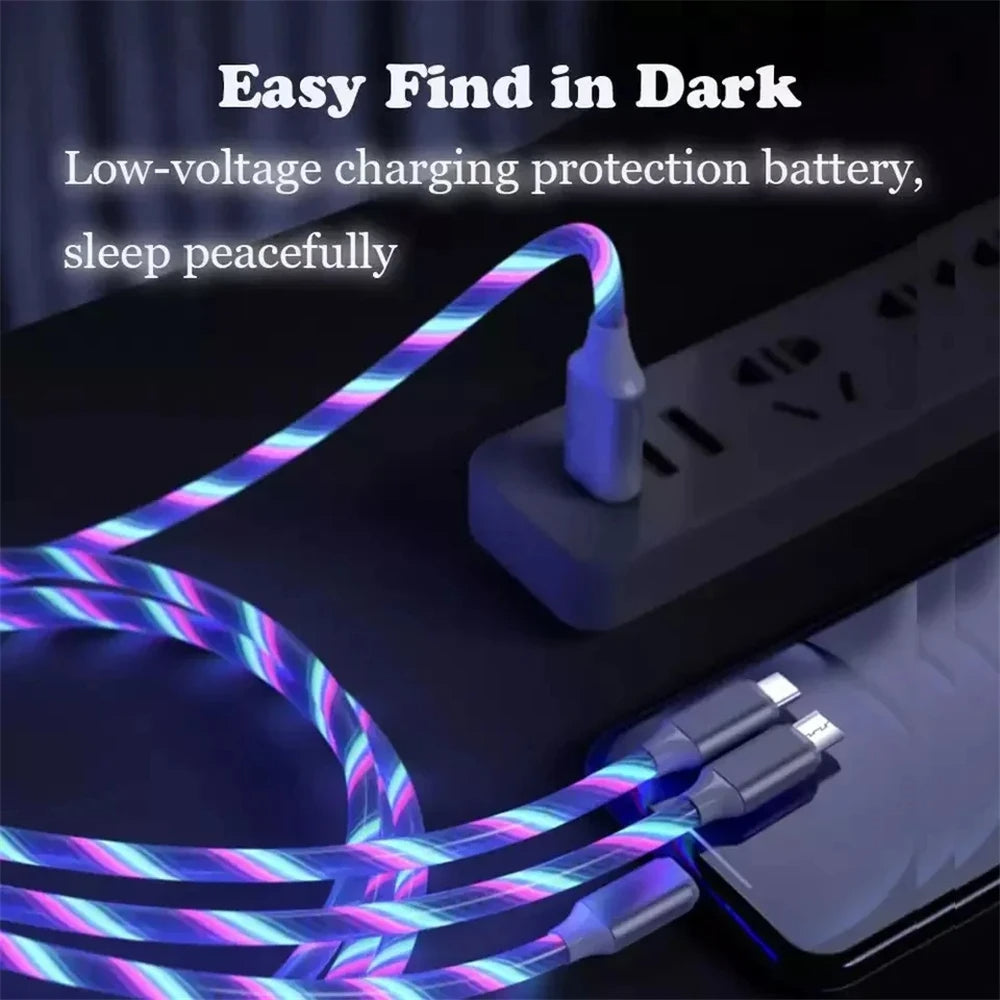 3 in 1 LED Glowing Fast Charging Cable 3A USB to Micro, Type-C & iPhone Charger