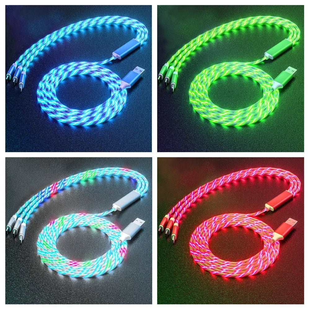 3 in 1 LED Glowing Fast Charging Cable 3A USB to Micro, Type-C & iPhone Charger