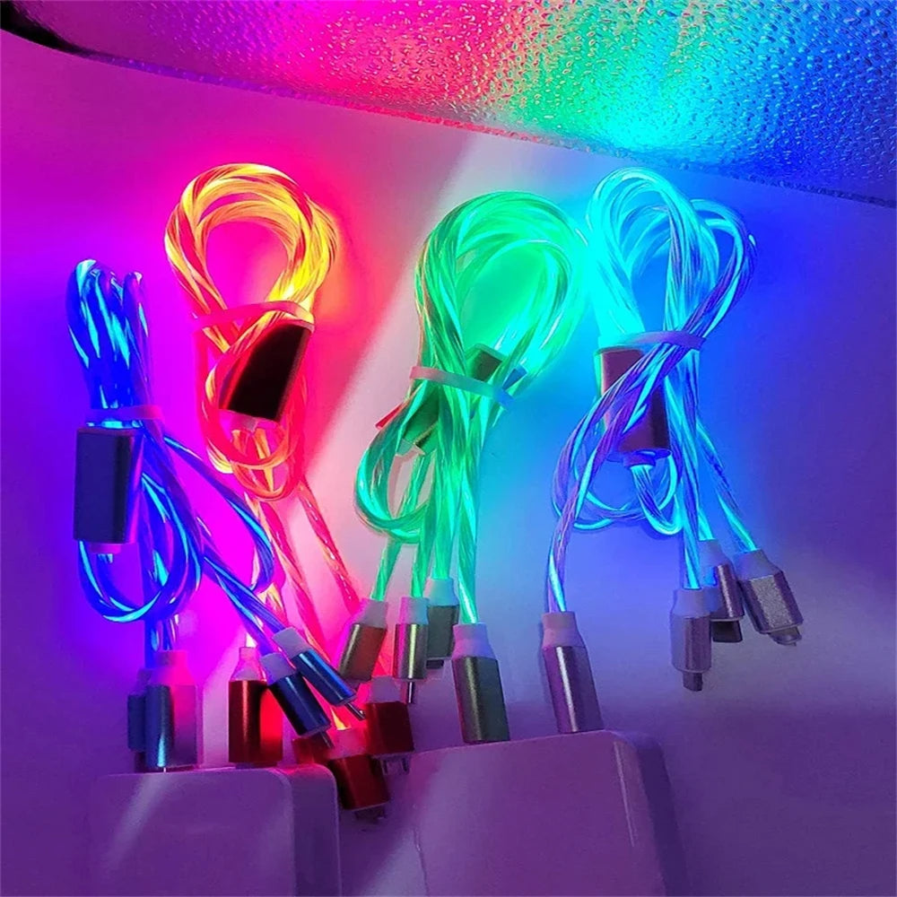 3 in 1 LED Glowing Fast Charging Cable 3A USB to Micro, Type-C & iPhone Charger