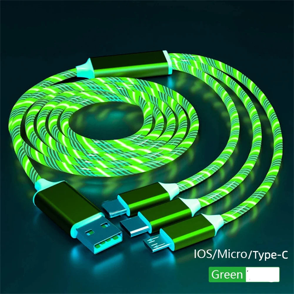 3 in 1 LED Glowing Fast Charging Cable 3A USB to Micro, Type-C & iPhone Charger