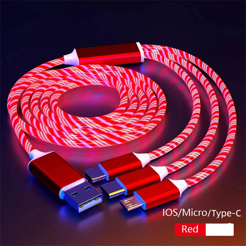 3 in 1 LED Glowing Fast Charging Cable 3A USB to Micro, Type-C & iPhone Charger