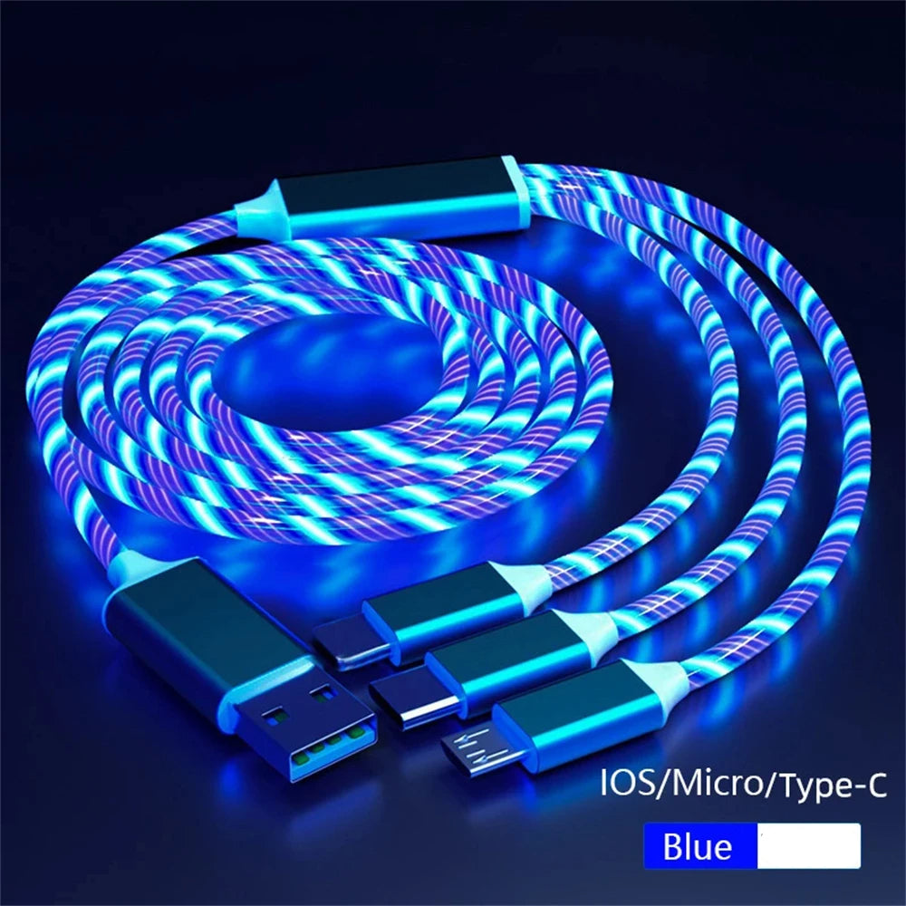 3 in 1 LED Glowing Fast Charging Cable 3A USB to Micro, Type-C & iPhone Charger
