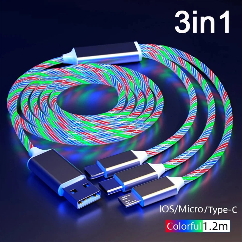 3 in 1 LED Glowing Fast Charging Cable 3A USB to Micro, Type-C & iPhone Charger