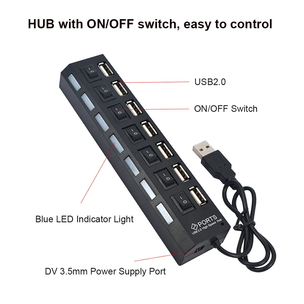 7 Port 2.0 USB Hub Expand Your Computer Connectivity with Multiple USB Ports