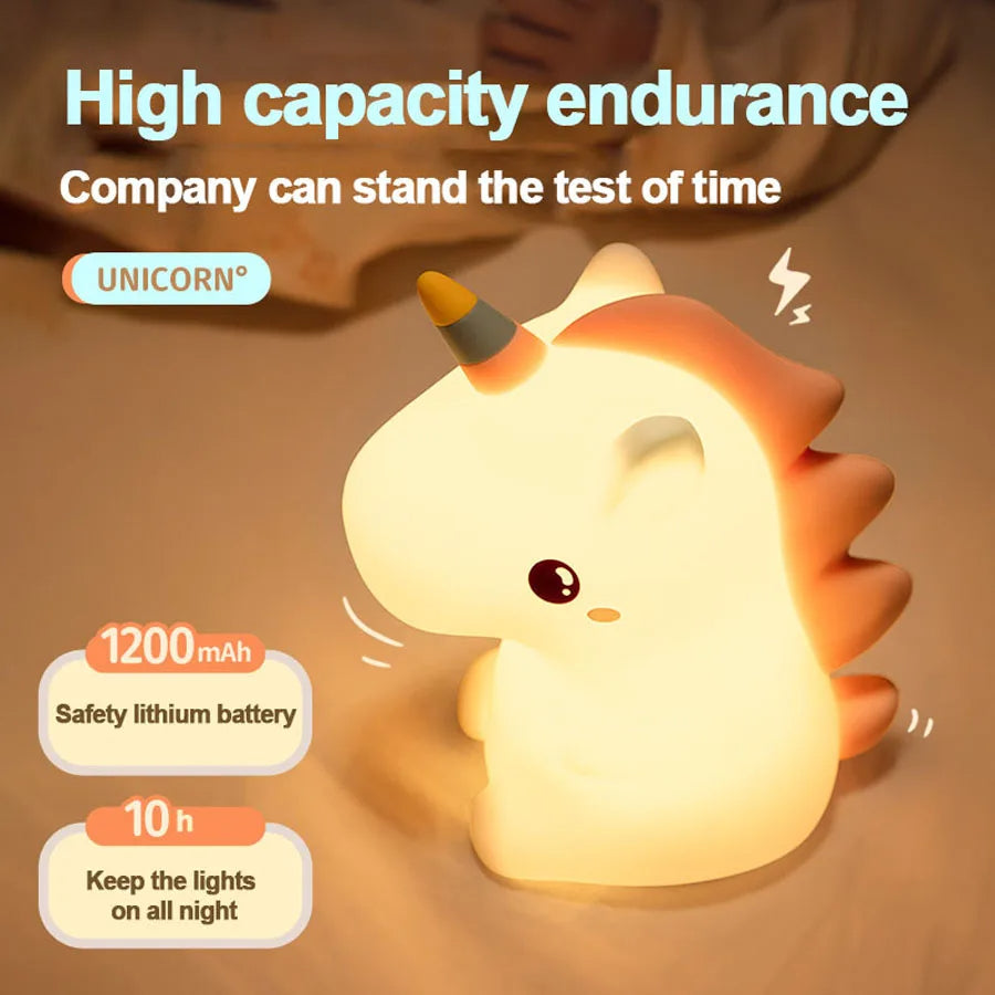 Unicorn Cute Silicone LED Night Light for Kids Children USB Rechargeable Cartoon Animal Bedroom Decor Touch Night Lamp Gift