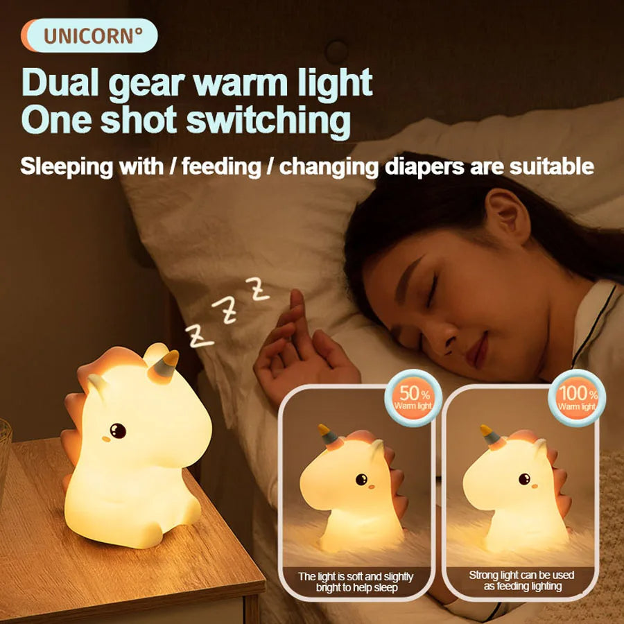 Unicorn Cute Silicone LED Night Light for Kids Children USB Rechargeable Cartoon Animal Bedroom Decor Touch Night Lamp Gift
