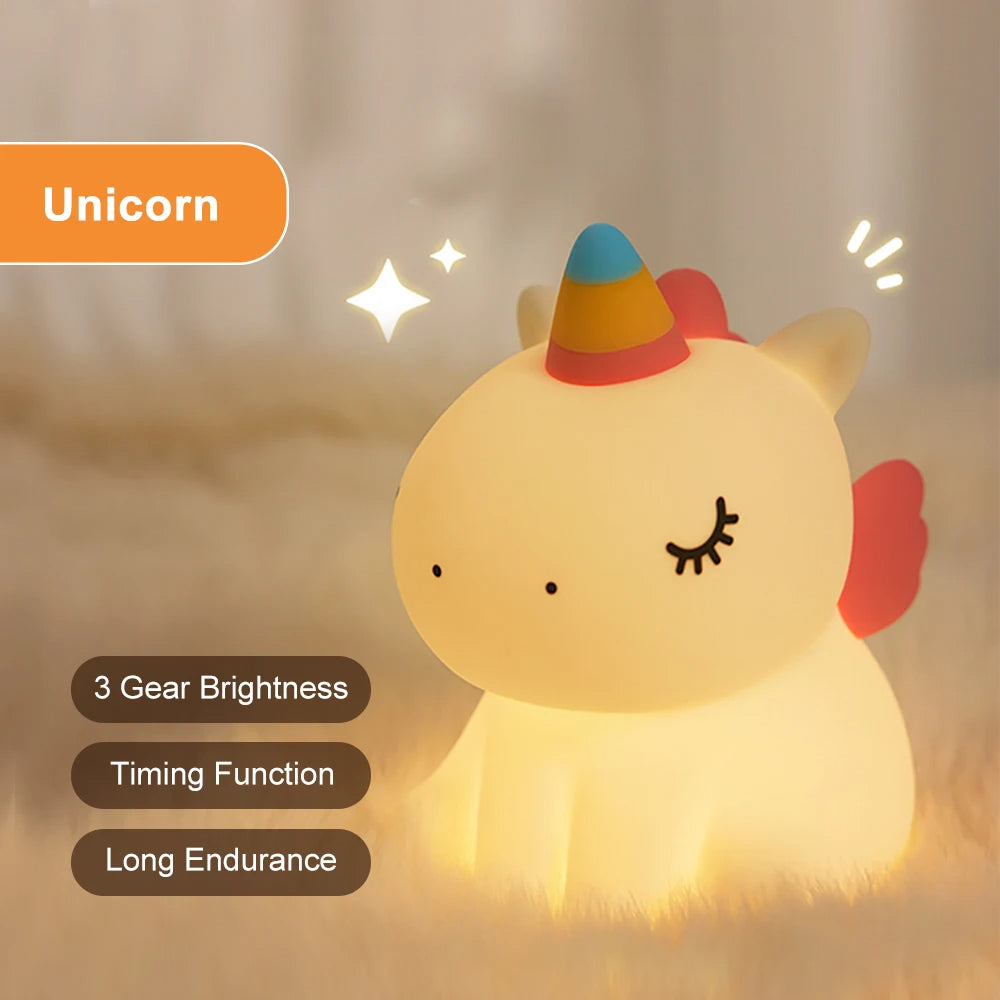 Unicorn Cute Silicone LED Night Light for Kids Children USB Rechargeable Cartoon Animal Bedroom Decor Touch Night Lamp Gift