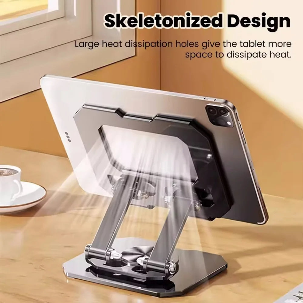 360° Rotating Metal Hollow Tablet Desktop Holder – Adjustable Folding Stand for iPad, Xiaomi, and Smartphones