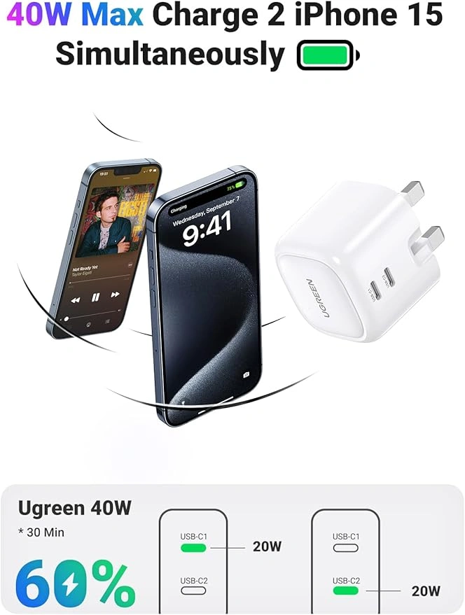 UGREEN 40W Dual Type-C Fast Charging Adapter – CD243 (10344) – UK Plug Compatible
