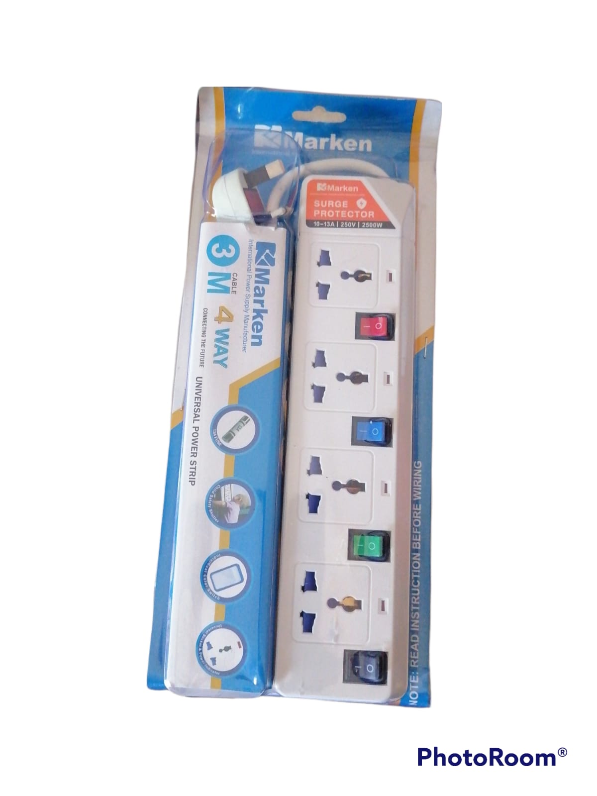 2500W Power Strip with 3m Cable β 4 Way Sockets Surge Protector Extension Cord with AC Plug (Wirecode)
