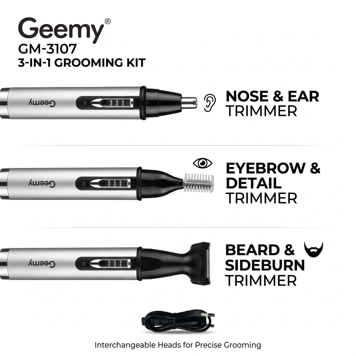 Geemy 3-in-1 Rechargeable Nose, Ear & Eyebrow Hair Trimmer Grooming Kit Nose Hair trimmer