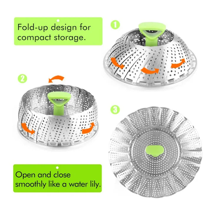 Stainless Steel Folding Steamer Basket – Expandable Mesh Vegetable Cooker for Pots & Pans