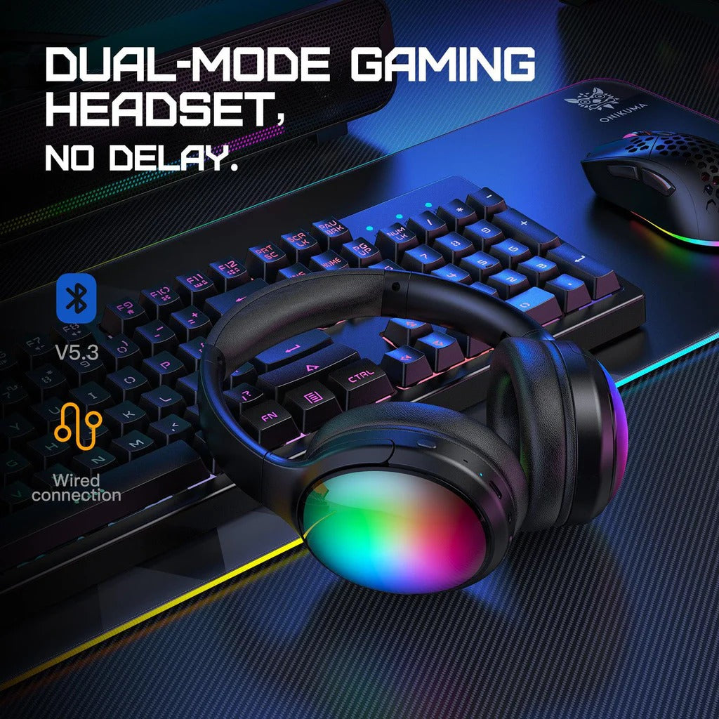 ONIKUMA B3 Wireless Bluetooth Headphones with ANC Microphone Rainbow RGB Lights Effect Lightweight Foldable Over-Ear Headphones with Music & Game Mode 45H Playback for Travel Home Office Hands-Free Clear Calls