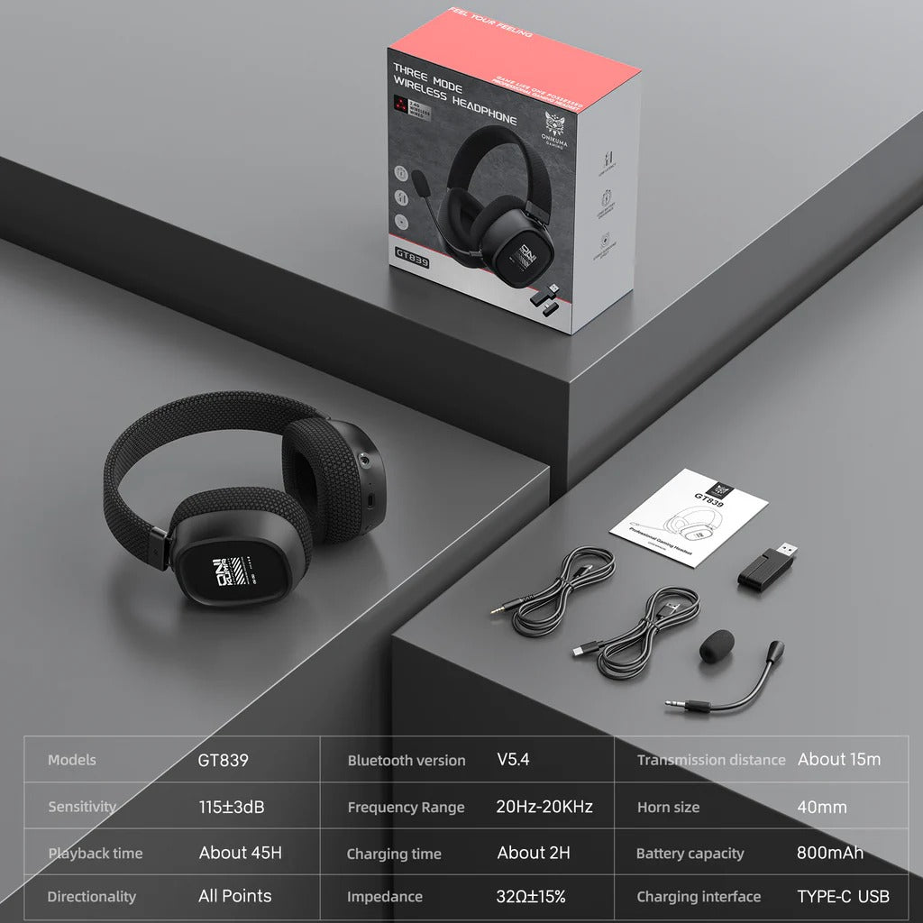ONIKUMA GT839 Multi Mode Gaming Headset 45H Playback Bluetooth 5.4 Wired 2.4GHz Memory Foam Comfort 1 Year Warranty