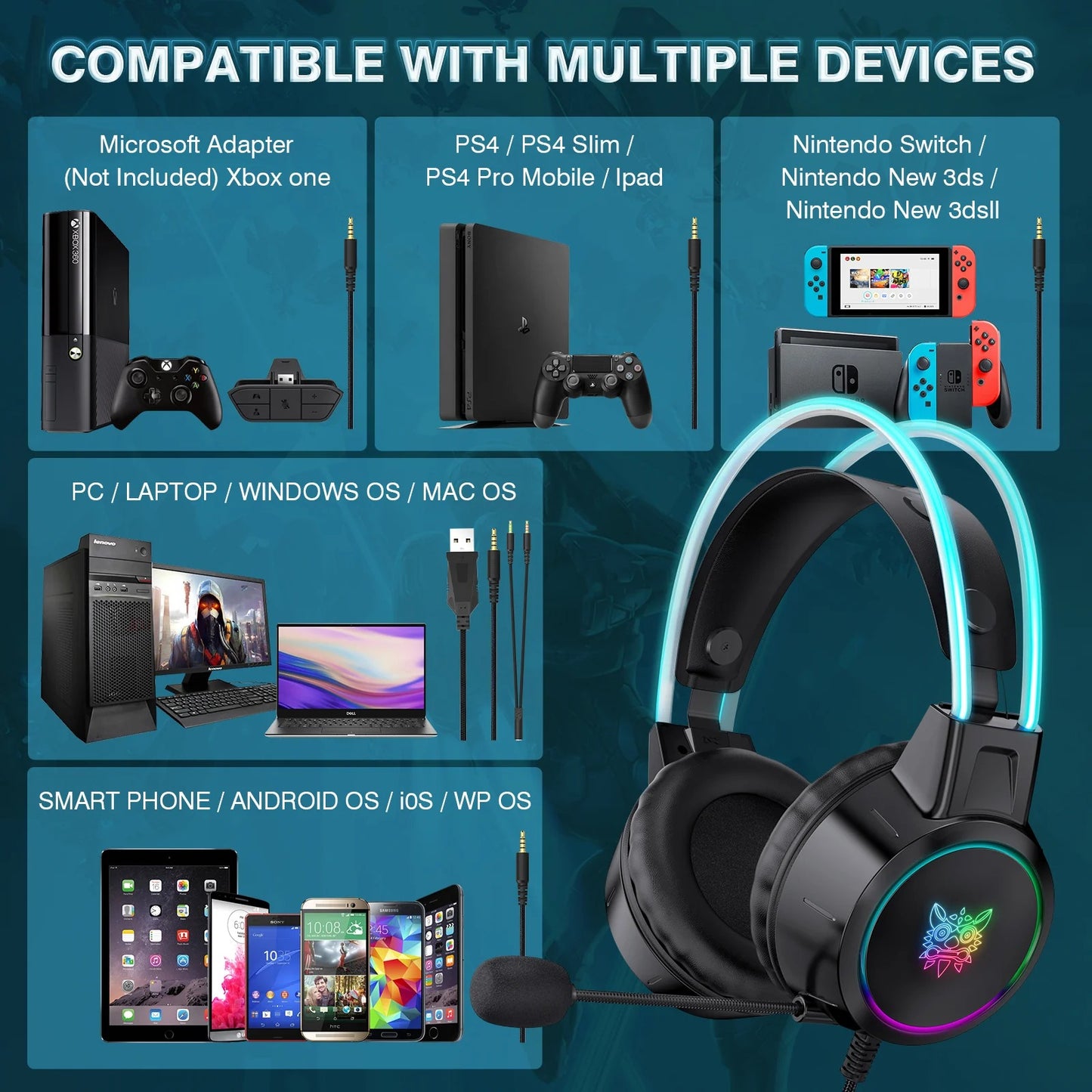 ONIKUMA X15 PRO Double-Head Beam Noise Cancelling Microphone Durable Stereo Surround Gaming Headphones RGB Audífonos Alámbricos Gaming Headset