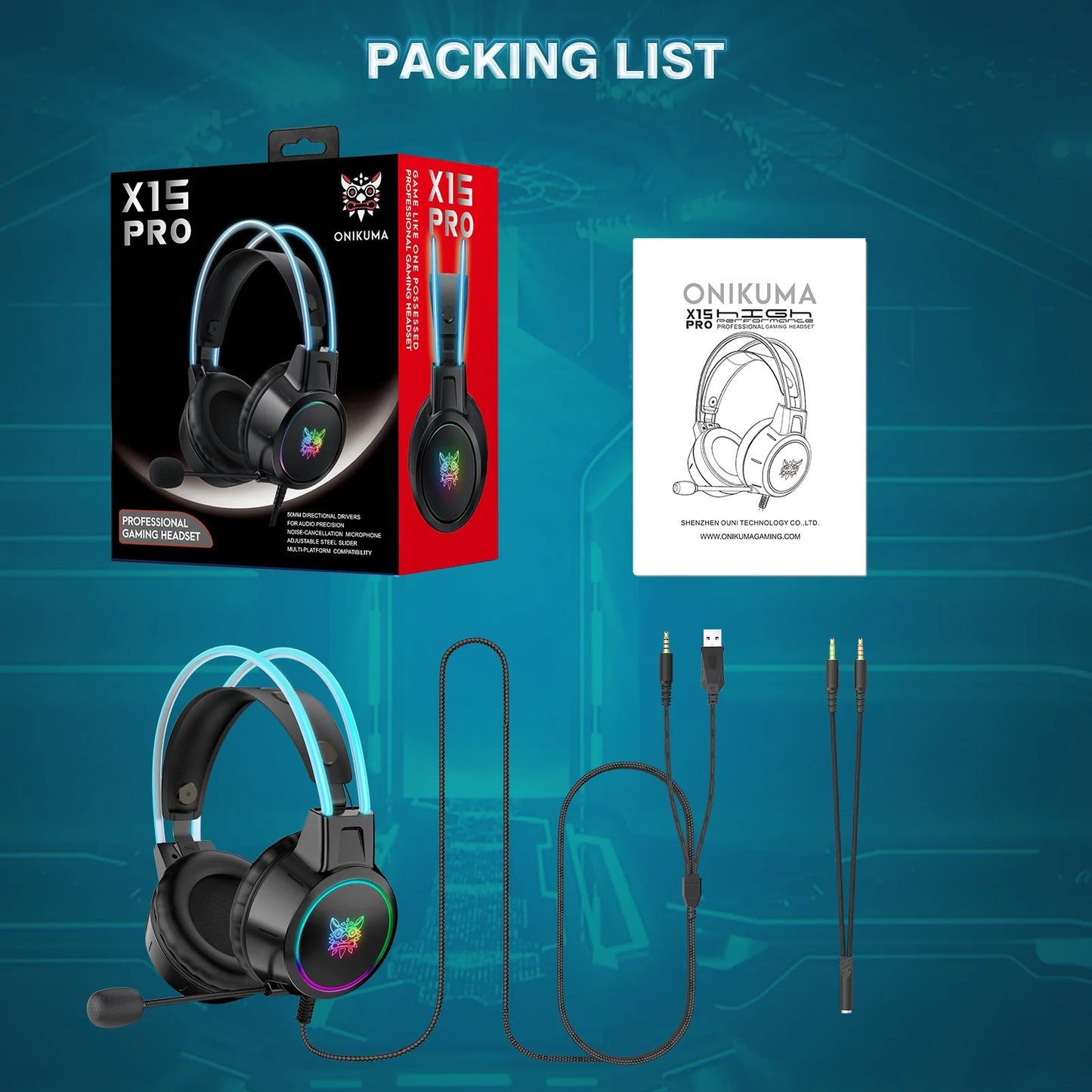 ONIKUMA X15 PRO Double-Head Beam Noise Cancelling Microphone Durable Stereo Surround Gaming Headphones RGB Audífonos Alámbricos Gaming Headset