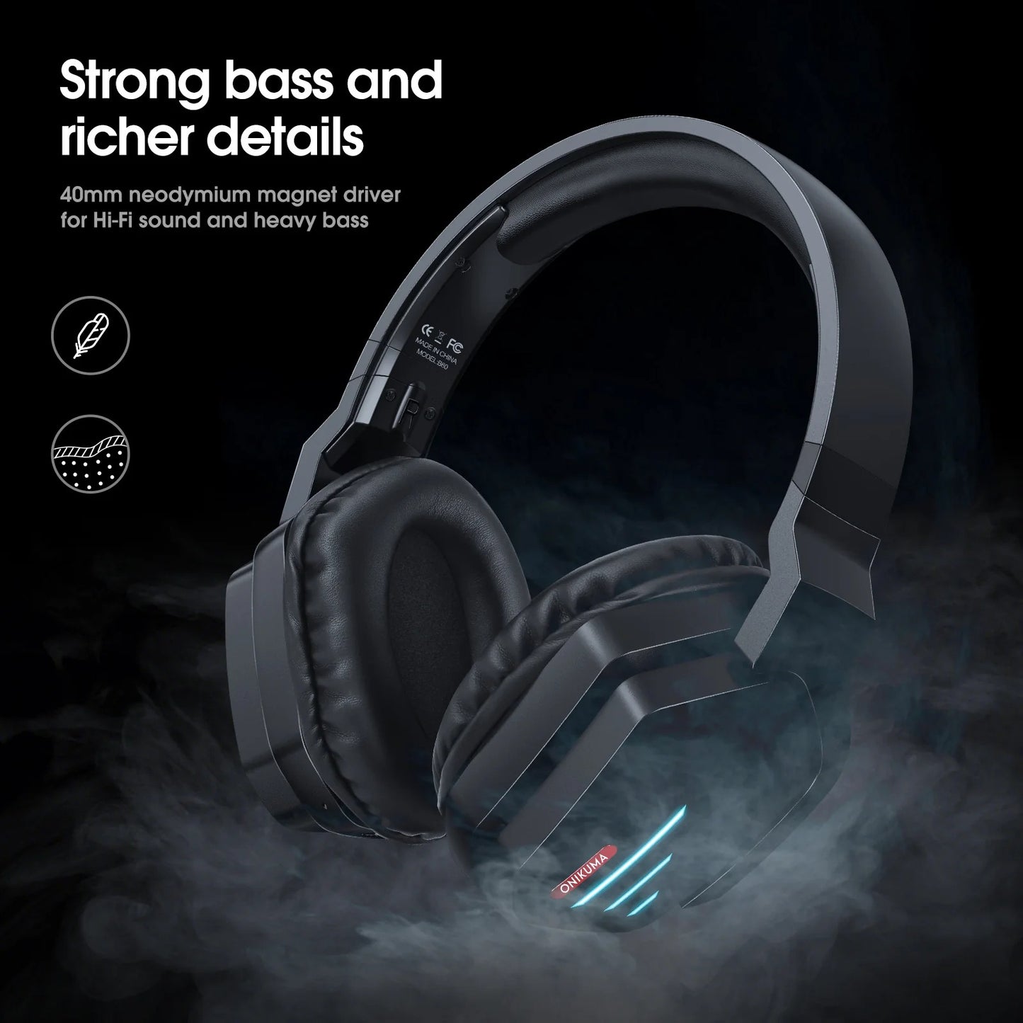 ONIKUMA B60 Wireless Bluetooth Gaming Headset Over-Ear Headphones with LED Lights and Noise-Canceling Mic for PC PS4 PS5 Xbox