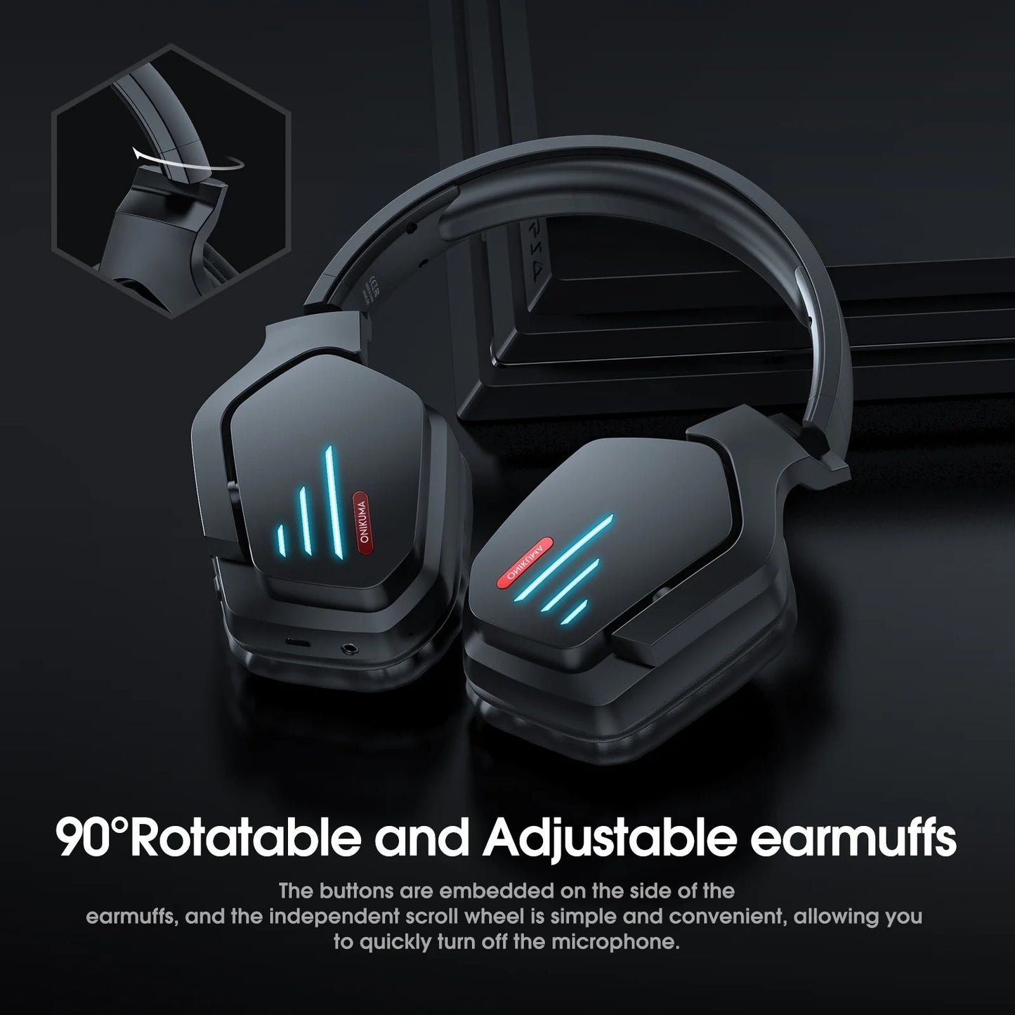 ONIKUMA B60 Wireless Bluetooth Gaming Headset Over-Ear Headphones with LED Lights and Noise-Canceling Mic for PC PS4 PS5 Xbox