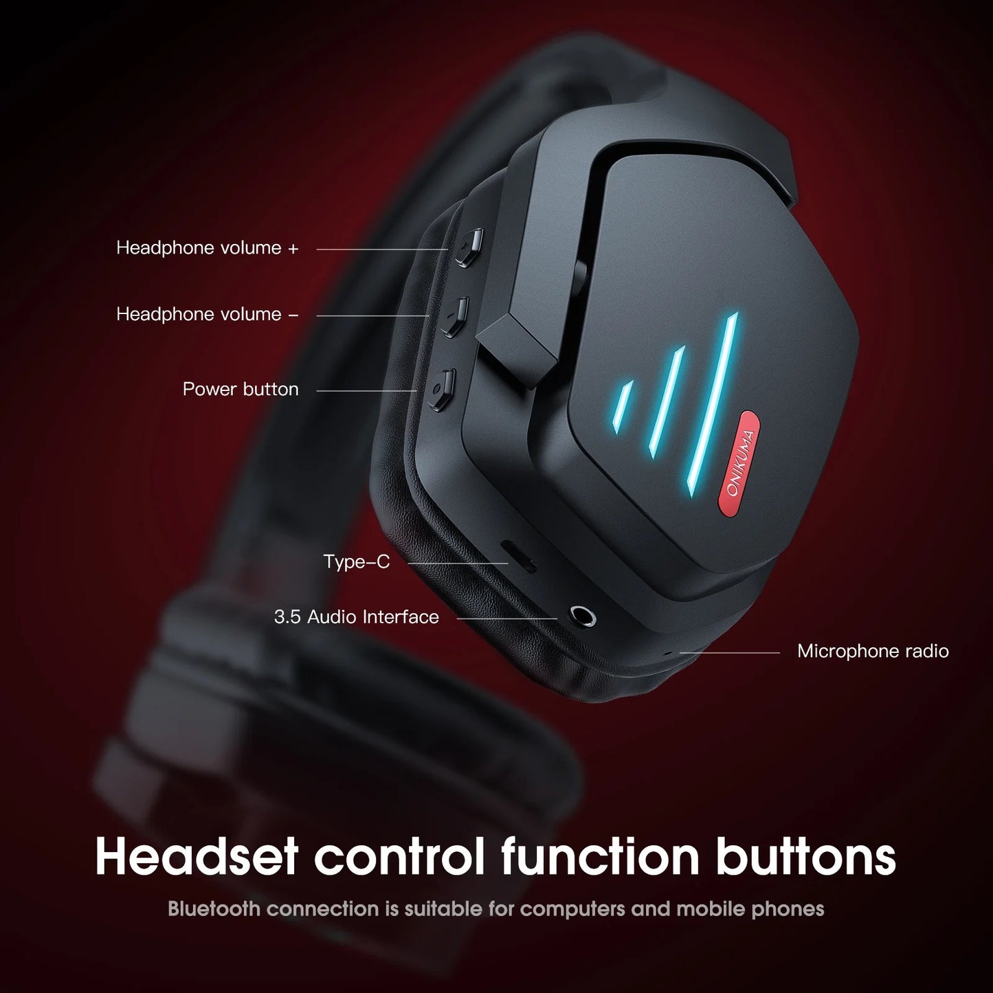 ONIKUMA B60 Wireless Bluetooth Gaming Headset Over-Ear Headphones with LED Lights and Noise-Canceling Mic for PC PS4 PS5 Xbox