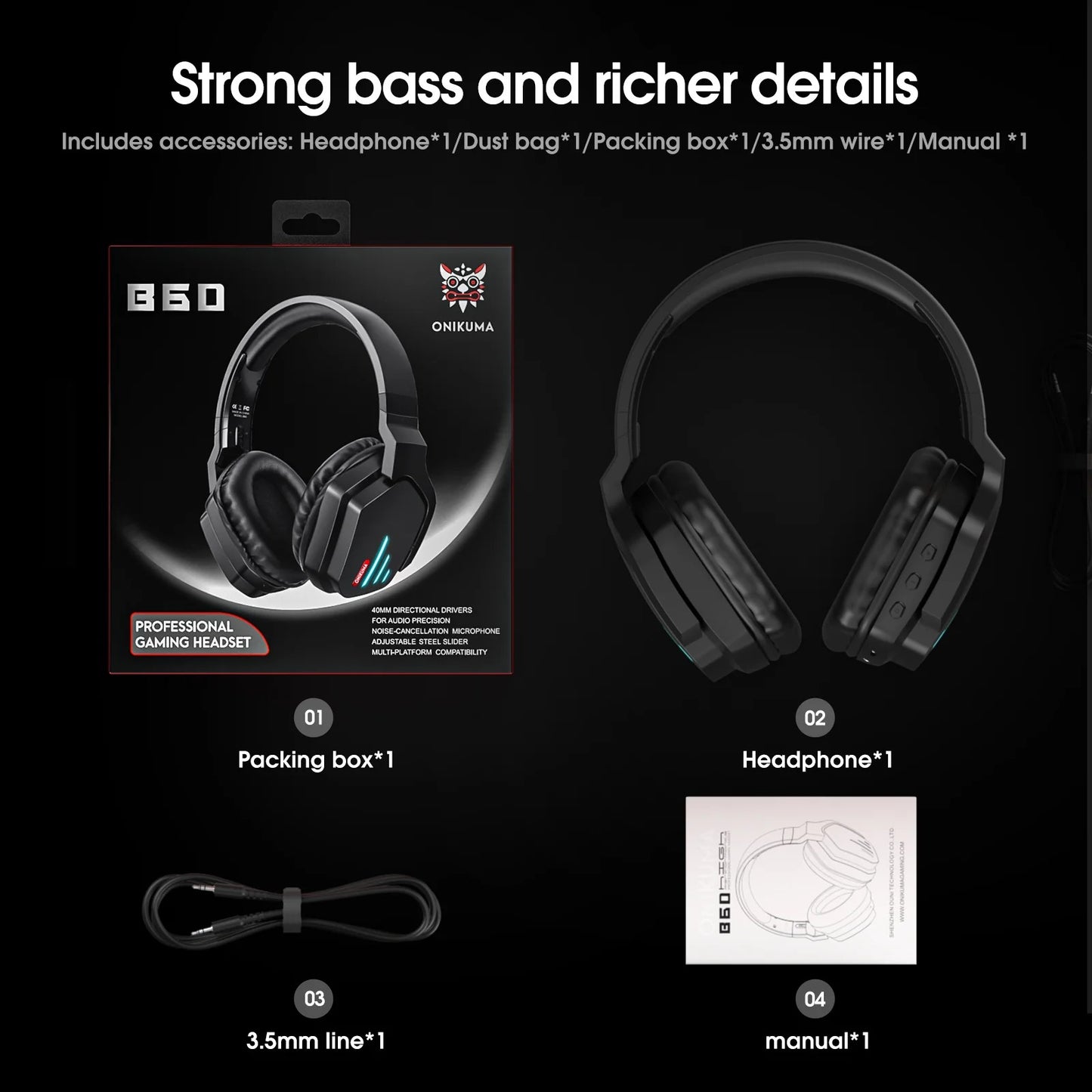 ONIKUMA B60 Wireless Bluetooth Gaming Headset Over-Ear Headphones with LED Lights and Noise-Canceling Mic for PC PS4 PS5 Xbox
