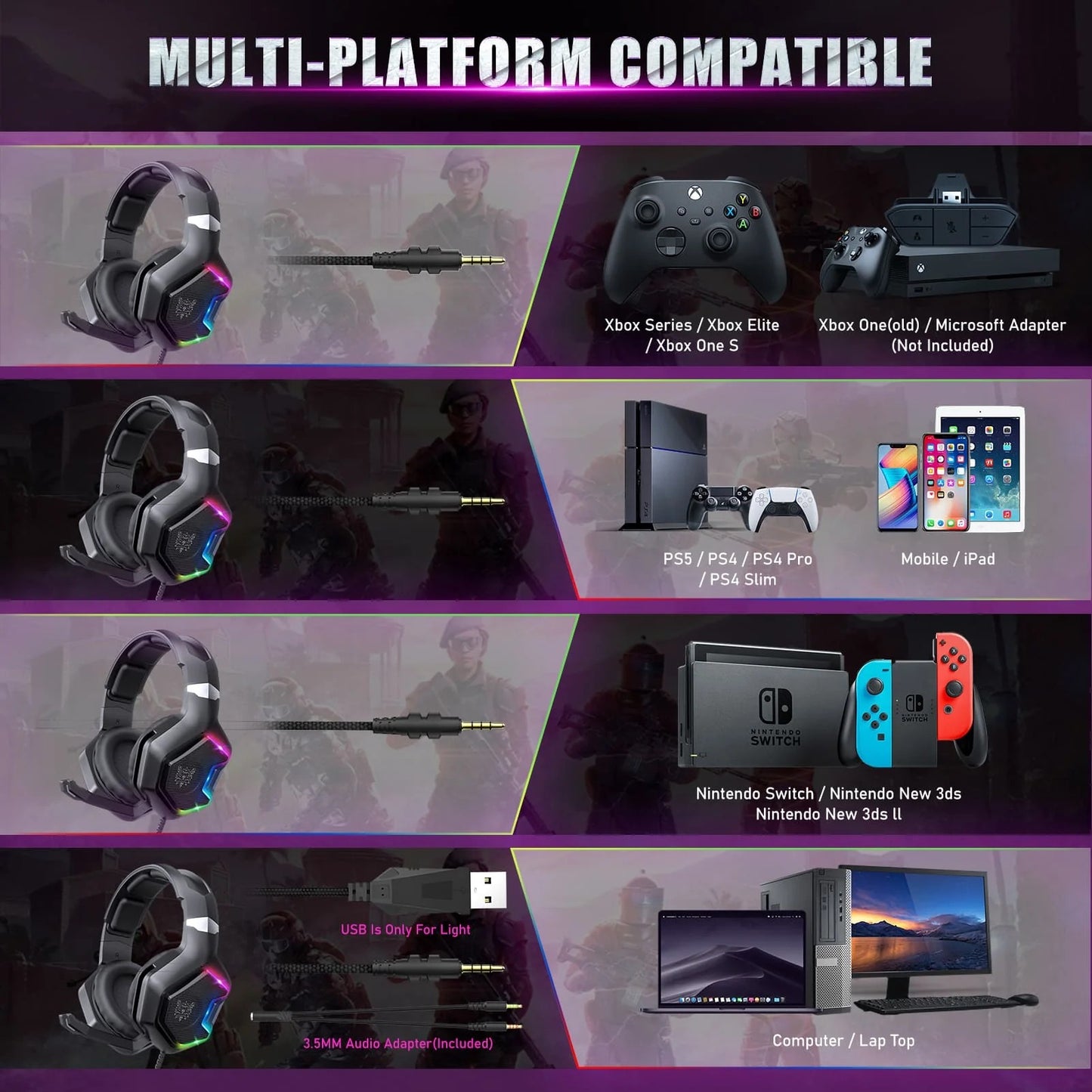 ONIKUMA K10 Pro Wired Gaming Headset with RGB Backlight Noise-Canceling Microphone Over-Ear Headphones for PC PS4 Xbox