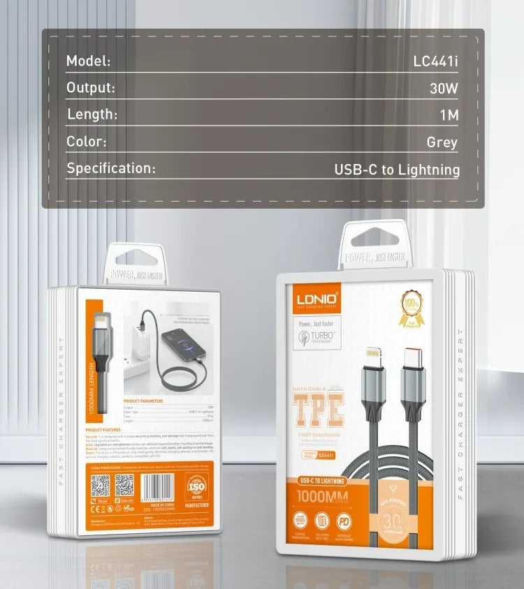 LDNIO LC441i 30W Type-C to Lightning Fast Charging Cable – 1 Meter Nylon Braided Data Cable