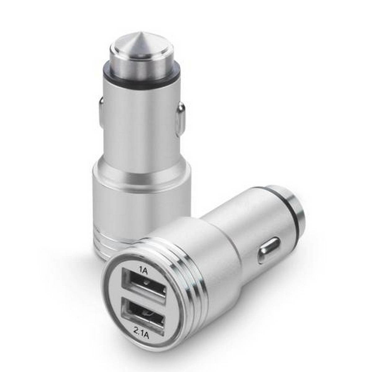 Car Charger Metal Dual USB Port 2.1A Fast + Safety Hammer Silver