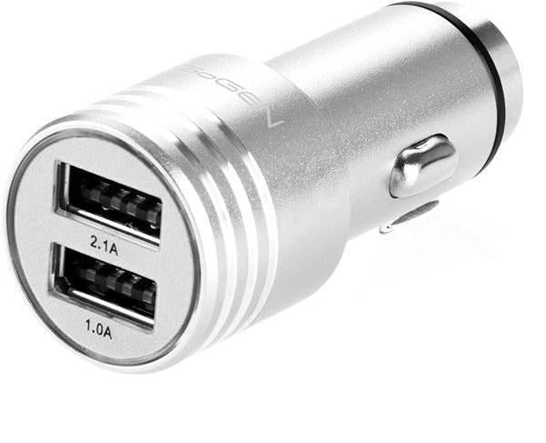 Car Charger Metal Dual USB Port 2.1A Fast + Safety Hammer Silver