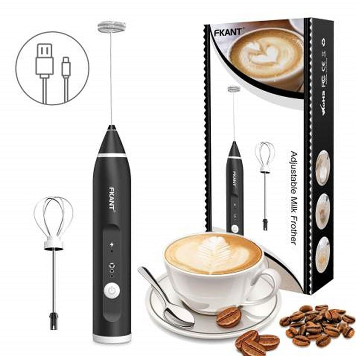Milk Frother Handheld USB Rechargeable Foam Maker with 2 Stainless Steel Whisks – 3-Speed Electric Blender for Coffee & Lattes